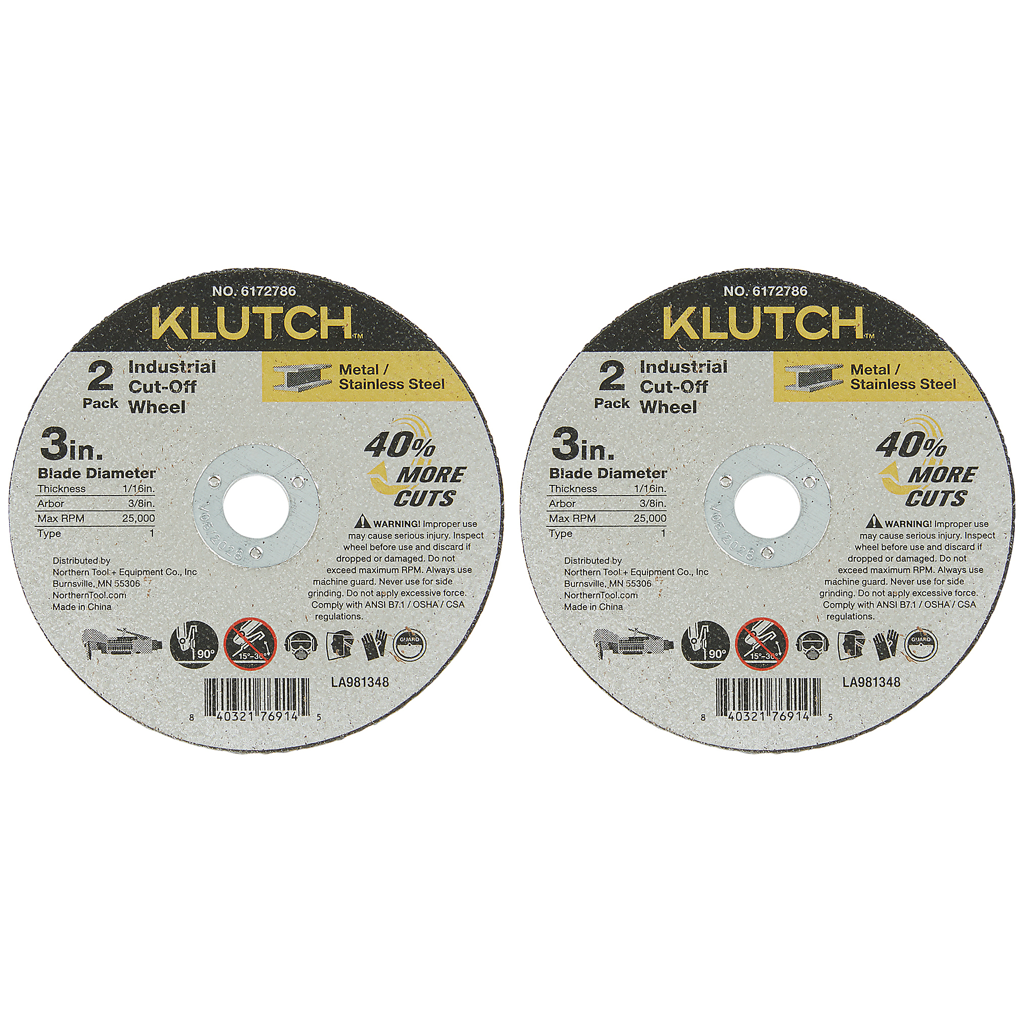 Klutch Industrial Metal Cutoff Wheels, 3in. x 1/16in. x 3/8in, Type 1, 2-Pk.